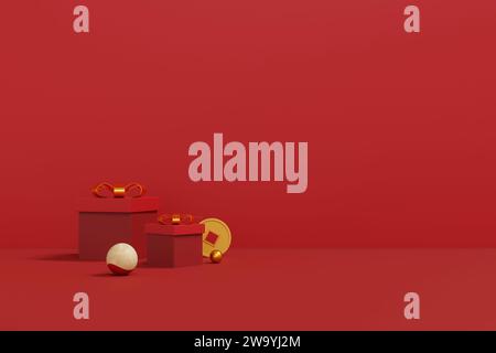 Glückliches chinesisches Neujahr 2024 das Drachen-Sternzeichen mit rotem und goldenem Charme, das Wohlstand und Reichtum symbolisiert. Luxuriöse 3D-Illustrationen für festliche Veranstaltungen Stockfoto