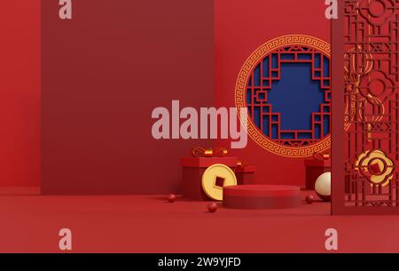 Glückliches chinesisches Neujahr 2024 das Drachen-Sternzeichen mit rotem und goldenem Charme, das Wohlstand und Reichtum symbolisiert. Luxuriöse 3D-Illustrationen für festliche Veranstaltungen Stockfoto