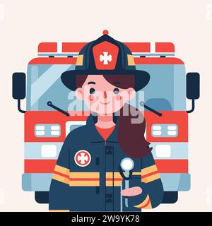 Feuerwehrfrau und Feuerwehrauto, flache Vektor-Illustration Stock Vektor