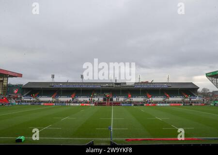 Ein allgemeiner Blick auf das Innere der Mattioli Woods Welford Road, Heimstadion der Leicester Tigers vor dem Gallagher Premiership Match Leicester Tigers vs Bath Rugby in Welford Road, Leicester, Großbritannien, 31. Dezember 2023 (Foto: Gareth Evans/News Images) Stockfoto