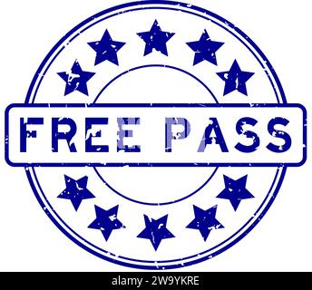 Grunge blaues Freipasswort mit Sternsymbol runder Gummisiegelstempel auf weißem Hintergrund Stock Vektor