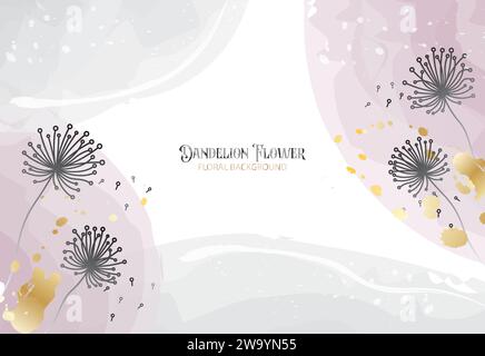 Ästhetische Löwenzahn Blume Umriss Zeichnung Hintergrund mit Goldpinsel Stock Vektor