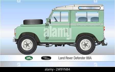 Großbritannien, Jahr 1971, Land Rover Defender 88A, klassischer Offroad-Oldtimer, farbige Silhouette Stockfoto