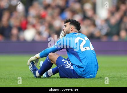 Arsenal Torhüter David Raya reagiert auf eine Verletzung während des Premier League Spiels in Craven Cottage, London. Bilddatum: Sonntag, 31. Dezember 2023. Stockfoto