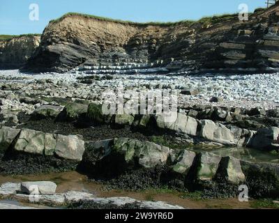 Die Klippen und der Strand von Kilve sind im frühen jurassischen Alter. Die Schichten enthalten Kalkstein- und Schieferschichten aus der unteren Lias-Zeit.Kilve liegt auf der Südseite Stockfoto