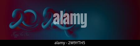 2024 Kalligraphie mit 3D-blauen Zahlen aus weichem, flexiblem Neon, Blasenröhrchen, Banner. Frohe Neujahrsfeier für Flyer, Plakate, Business-Logo Stock Vektor