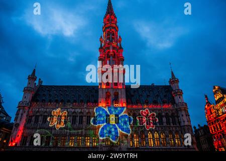 Brüssel, Belgien Dezember 2023 30. Große Menschenmassen beobachten die Sound- und Lichtshow im Grand-Place, Brüssel. Vom 24. November 2023 bis zum 7. Januar 2024 im Rahmen der Winter Wonders Veranstaltung. Die diesjährige 360°-Sound- und Lichtshow (6 bis 8 Minuten lang) basiert auf der Arbeit von Leilani Shaw, einer Künstlerin aus Kanien'kehá ka (Mohawk). Guy Bell/Alamy Live News Stockfoto