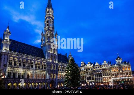 Brüssel, Belgien Dezember 2023 30. Große Menschenmassen beobachten die Sound- und Lichtshow im Grand-Place, Brüssel. Vom 24. November 2023 bis zum 7. Januar 2024 im Rahmen der Winter Wonders Veranstaltung. Die diesjährige 360°-Sound- und Lichtshow (6 bis 8 Minuten lang) basiert auf der Arbeit von Leilani Shaw, einer Künstlerin aus Kanien'kehá ka (Mohawk). Guy Bell/Alamy Live News Stockfoto