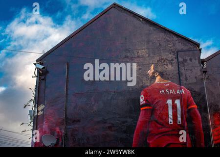 Wandgemälde von Mo Salah, Liverpool Street Art, Anfield Road, Liverpool, England, VEREINIGTES KÖNIGREICH Stockfoto