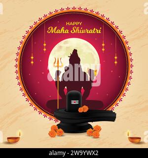 Happy Maha Shivratri. Shivling, Lingam, Mond, Trident und Mandala. Traditionelles Hindu Festival Poster Banner Design Quadratische Vorlage Vektor-Illustration Stock Vektor