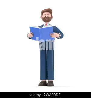 3D-Illustration eines Zeichentrickfiguren mit Buch. Learning Concept.3D-Rendering auf weißem Hintergrund. Stockfoto