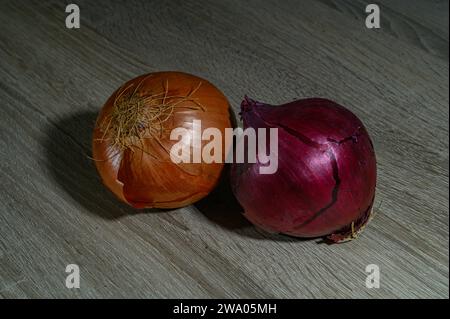 Zwei Zwiebeln, eine orange spanische Zwiebel und eine rote oder rote Zwiebel, ganz, roh, ungeschält weiß und orange auf einem hellen Holztisch Stockfoto