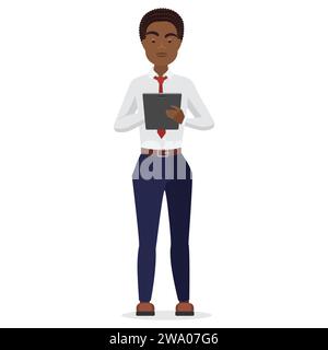 Schwarzer Geschäftsmann mit Tablet. Afrikanischer männlicher Büroangestellter Cartoon-Vektor-Illustration Stock Vektor