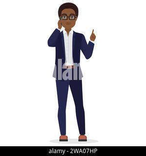 Schwarzer Geschäftsmann, der am Telefon spricht. Afrikanischer männlicher Büroangestellter, der Cartoon-Vektor-Illustration anruft Stock Vektor