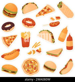 Fast-Food-Restaurant-Menü Sticker Pack Set Vektor-Illustration. Cartoon lecker Fastfood Mahlzeit Aufkleber mit leckeren Hot Dog Sandwich Hamburger Taco Pizza Donut französisch Pommes Frites Cheeseburger isoliert Stock Vektor