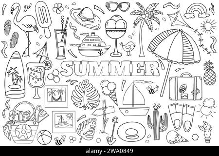 Handgezeichnetes Vektor-Doodle-Set für Eine Anti-Stress-Malseite im Sommer, in der das Meer und alles, was man für die Sommerentspannung braucht, in Einem Malbuch dargestellt werden Stock Vektor