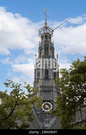 Kirchturm von de Grote Kerk - St. Bavokerk, evangelische Kirche (ehemalige katholische Kathedrale) in der Stadt Haarlem in den Niederlanden. Stockfoto