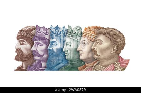 Sechs polnische Könige Porträts von Banknoten isoliert auf weißem Hintergrund Stockfoto