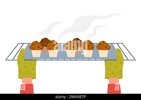 Cartoon-Bäcker oder Koch kocht Muffins in der Küche, macht Dessert-Flachvektor-Illustration. Süßes Essensrezept, Bäckereikonzept. Hände in Handschuhen, um Kekse aus dem Backofen zu nehmen. Stock Vektor