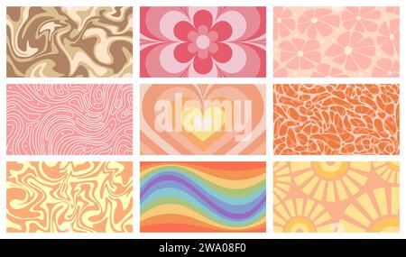 Grooviges psychedelisches Muster-Set. Retro-Hippie-Hintergründe mit Hypnose-Druck von Blumen und Herz, geometrisches Design von Sonne, Marmor oder Flüssigkeit abstrakte Wirbel und Wellen Cartoon Vektor Illustration Stock Vektor