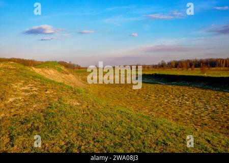 Die trockene Teichlandschaft ist auf diesem Foto dargestellt, wo der belichtete Boden die Auswirkungen der Dürre offenbart. Stockfoto