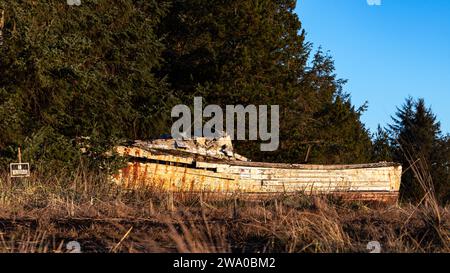 Ein heruntergekommenes Boot, das im Morgenlicht auf der Long Beach Peninsula an Land gespült wurde Stockfoto