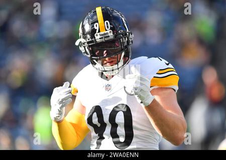 31. Dezember 2023: Pittsburgh Steelers Linebacker T.J. Watt (90) vor dem NFL Football Spiel zwischen den Pittsburgh Steelers und Seattle Seahawks in Seattle, WA. Steve Faber/CSM Stockfoto