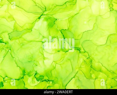 Abstrakter grüner Alkohol Tinte flüssiger Luxus zeitgenössischer Hintergrund. Grüne Farbe Flecken, Spritzer Muster. Marmor-Effekt-Textur. Leerzeichen für Text. Stockfoto