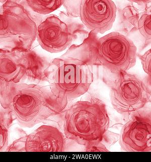 Abstrakte Alkoholtinte flüssige Rosen Flecken Luxus Hintergrund. Rosa rote Rosenblüten flüssige Flecken, Spritzer nahtlose Muster Textur. Druck für Textil, f Stockfoto