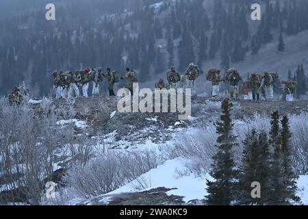 Die Schüler des Northern Warfare Training Center halten während einer Schneeschuhwanderung während des Trainings am Black Rapids Training Site in Alaska am 5. Dezember 2023 an. Die NWTC bietet Schulungen für das US-Militär und andere ausgewiesene Mitarbeiter im kalten Wetter und in den Bergen an, um die Kampffähigkeiten von US-Partnern und Koalitionspartnern zu verbessern. Auf Bestellung unterstützen NWTC-Mitarbeiter weltweit Rettungs- und Bergungsoperationen und führen Outreach-Missionen durch, die Operationen in Bergregionen und kalten Regionen umfassen, um den US-Indo-Pacific Command Theater Security Cooperations Plan zu unterstützen. (Foto der Armee/John Pennell) Stockfoto