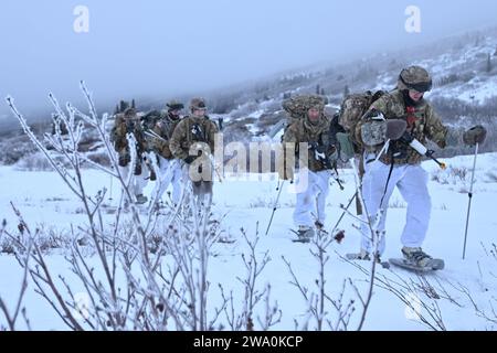 Die Schüler des Northern Warfare Training Center bewegen sich während des Trainings auf der Black Rapids Training Site in Alaska am 5. Dezember 2023 auf Schneeschuhen. Die NWTC bietet Schulungen für das US-Militär und andere ausgewiesene Mitarbeiter im kalten Wetter und in den Bergen an, um die Kampffähigkeiten von US-Partnern und Koalitionspartnern zu verbessern. Auf Bestellung unterstützen NWTC-Mitarbeiter weltweit Rettungs- und Bergungsoperationen und führen Outreach-Missionen durch, die Operationen in Bergregionen und kalten Regionen umfassen, um den US-Indo-Pacific Command Theater Security Cooperations Plan zu unterstützen. (Foto der Armee/John Pennell) Stockfoto