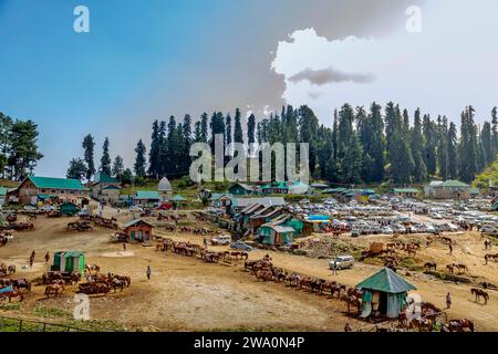 Ländliches Bergdorf mit einem geschäftigen Markt und Pferden unter einem hellblauen Himmel in Gulmarg. Das malerische Tal von Gulmarg ist ein kleines Stück Paradies Co Stockfoto