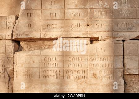 Luxor, Ägypten - 2. Januar 2024: Alte Hieroglyphen (Ägyptenzahl) des Karnak-Tempels Stockfoto