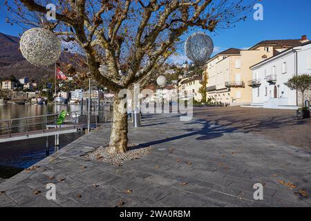 Platanus mit Weihnachtsschmuck und Häusern an der Promenade Piazza Giuseppe Motta in Ascona, Bezirk Locarno, Kanton Tessin, Stockfoto