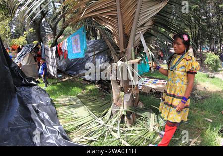 Bogota, Kolumbien. Dezember 2023. 29. Dezember 2023, Bogota.Colombia: Ein indigenes Kind, das durch den Konflikt zwischen der kolumbianischen ELN-Guerilla und dem Militärangehörigen vertrieben wurde, verlässt sein improvisiertes Zelt im Nationalpark von Bogota City ( Foto: Jose Isaac Bula Urrutia/Eyepix Group/SIPA USA) Credit: SIPA USA/Alamy Live News Stockfoto