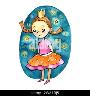 Aquarellillustrationen niedliches Mädchen in rosa orangefarbenem Kleid. Märchenfigur. Illustration für Kinder. Stockfoto