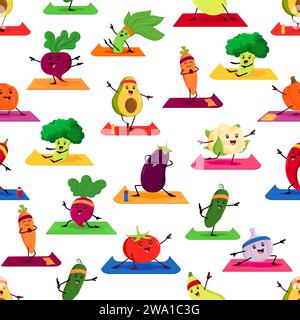 Comic-Gemüsefiguren auf Yoga nahtlosem Muster Hintergrund, Vektor lustigen Spinat und Brokkoli. Süßes Avocado-, Knoblauch- und Tomatengemüse mit Gurke und Aubergine auf Yoga-Übungsmatte Stock Vektor