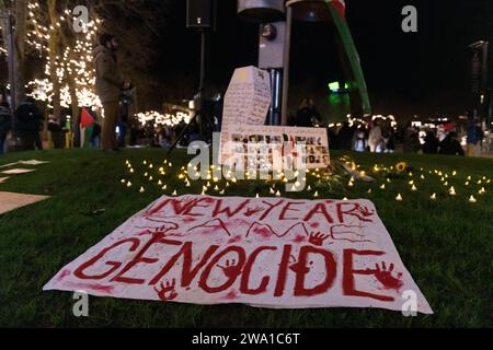 Seattle, USA. 31. Dezember 2023. Pro-Palestine-Demonstranten versammeln sich vor der Silvester-T-Mobile-Feuerwerksshow zur „Shut IT Down for Palestine Rally and Mahnwache“. Nach dem jüngsten Chaos, das Gaza umfasste, gab es weltweit Kundgebungen und Proteste. Credit: James Anderson/Alamy Live News Credit: James Anderson/Alamy Live News Stockfoto