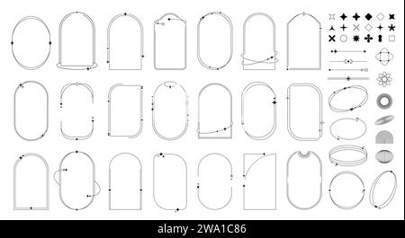 Minimale Strichfiguren, Rahmen und Rahmen, Sterne funkeln und funkeln oder Bogenformen. Isolierter monochromer Vektor-linearer Satz einfacher umrissener linearer Bögen und Kreise mit himmlischen magischen Elementen Stock Vektor