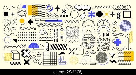 Abstrakte geometrische memphis-Formen. Vektorset aus lebendigen und dynamischen Figuren und Mustern mit kräftigen Farben und sich kreuzenden Linien, die ein Gefühl für moderne und Retro-Design-Fusion-Elemente wecken Stock Vektor