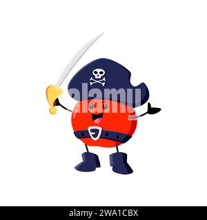 Zeichentrickfigur aus rotem Apfel und Korsair. Isolierte Vektor-Frucht-Persönlichkeit trägt Tricorn-Hut und Säbel, strahlt fruchtig schwindelnden Geist aus, segelt durch die Obstwiesen-Meere auf der Suche nach saftigen Schätzen Stock Vektor