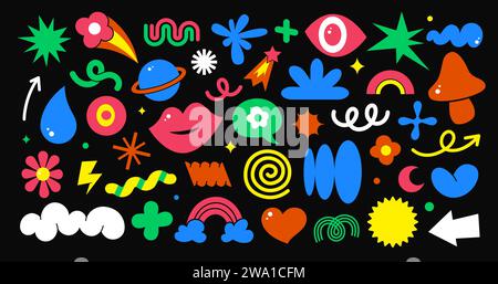 Groovige Formen, abstrakte Elemente Vektorset. Stern, Blume, Wolke und Lippen, Pilz, Blob, Tropfen und Spirale. Planet, Komet, Schleife, Welle und Pfeil, Herz, Kurven Linien funky Figuren im trendigen Retro-Stil Stock Vektor