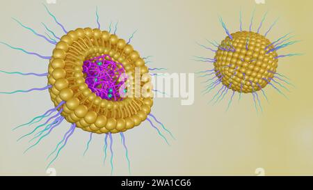 3D-Rendering von lipidbeschichteten Polymeren Nanopartikeln konjugiertem Poly-Ethylenglykol zur Arzneimittelverabreichung Stockfoto