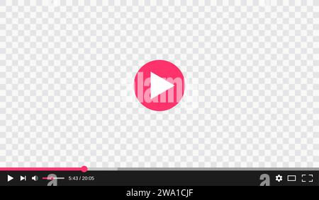 Transparenter Videoplayer mit Wiedergabe- und Steuerungstasten, Vektorvorlage. Fenster des digitalen Web-Video-Players mit Bildschirmrahmen auf transparentem Hintergrund mit Menüleiste für Online-Stream-Medien Stock Vektor