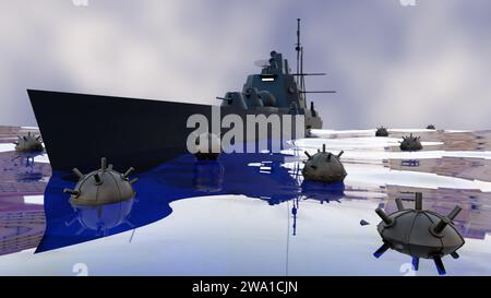 Eine 3D-Darstellung einer Seemine, auch bekannt als Marinemine, die im Wasser und einem Kriegsschiff liegt. Stockfoto