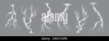 Blitzeffekt durch Blitzschlag oder Blitzschlag und Gewitterfunken, realistischer Vektor. Elektrische Ladung von Gewitterblitz und Gewitter, Energie-Blitz-Funken auf transparentem Hintergrund Stock Vektor