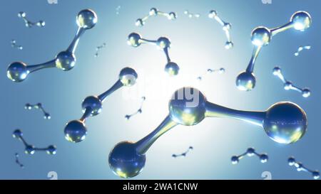 3D-Darstellung von Tropfen von Wassermolekülen, die verstreut sind Stockfoto