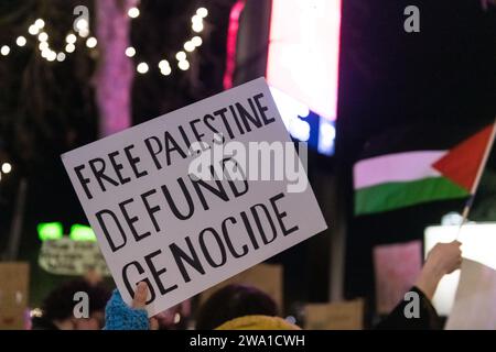 Seattle, USA. 31. Dezember 2023. Pro-Palestine-Demonstranten versammeln sich vor der Silvester-T-Mobile-Feuerwerksshow zur „Shut IT Down for Palestine Rally and Mahnwache“. Nach dem jüngsten Chaos, das Gaza umfasste, gab es weltweit Kundgebungen und Proteste. Credit: James Anderson/Alamy Live News Credit: James Anderson/Alamy Live News Stockfoto