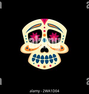 Dia de los Muertos feiert mexikanischen Zuckerschädel. Mexikanische Halloween Feier Zucker Calavera Schädel Dekoration, Tag der Toten Feiertag Skelett Kopf oder Tod Gesicht Vektor Tattoo, Symbol oder Aufkleber Stock Vektor