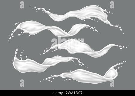 Weiße Milchcreme oder Joghurt Wave Flow Spritzer. Schwenken Sie Milchgetränk mit Tropfen und Spritzern. Realistische 3D-Vektor-Flüssigkeit wirbelt und tropft, Flüssigkeitsströmungen. Isoliertes Set aus Milchprodukten oder frischen Milchprodukten Stock Vektor